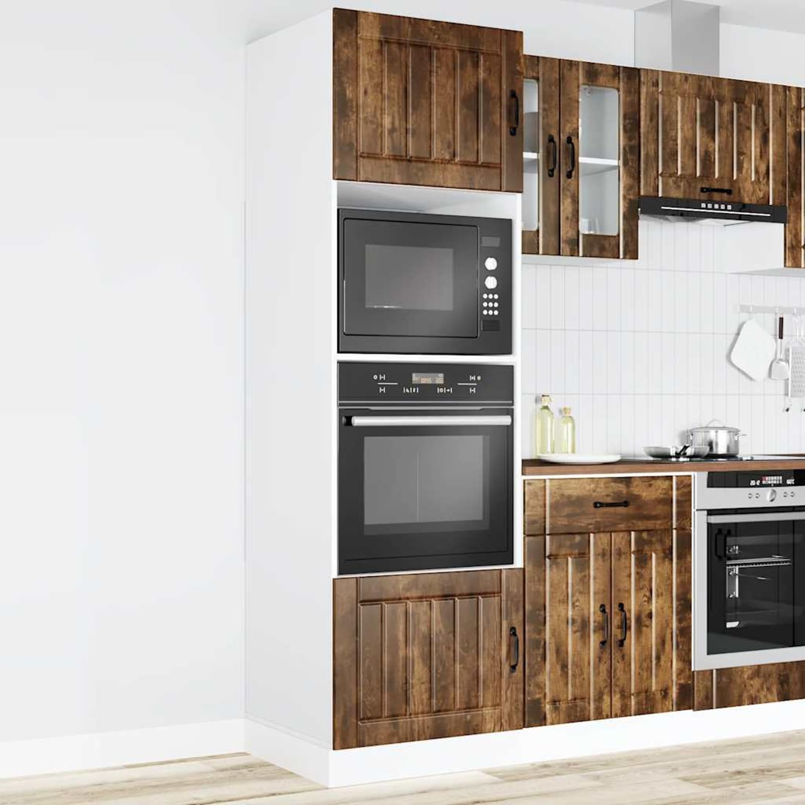 Gecheer Herdumbauschrank, Stauraum für Backofen Mikrowelle, verstellbare Füße, Holzwerkstoff, Räuchereiche, Lucca, 60 x 57 x 207 cm, für Küche Einbauherd