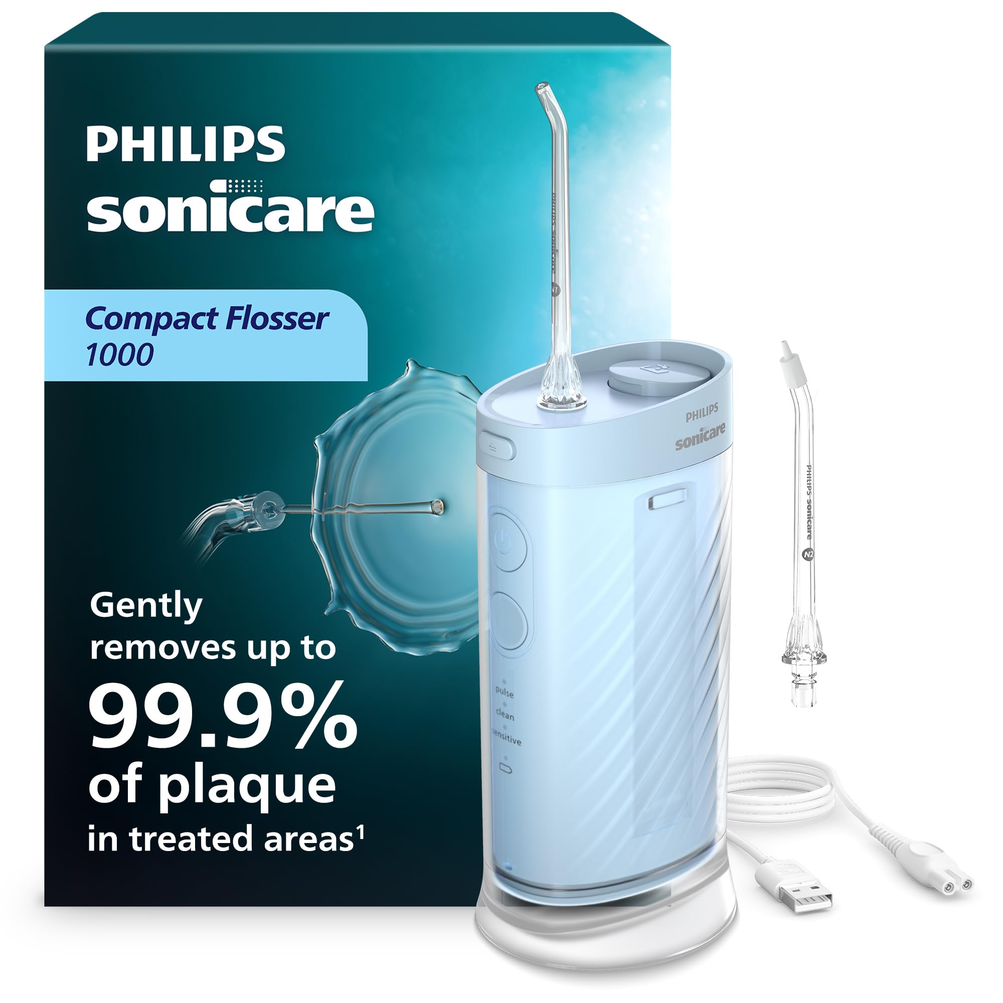 Philips Sonicare Compact Flosser 1000 − Compact Water Flosser for Teeth with 3 Flossing Modes, IPX7 Water-Resistant Oral Irrigator, Improves Gum Health, Travel-Friendly, Light Blue, Model HX3333/24