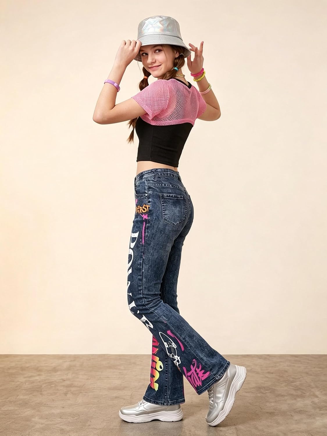 Girls Y2K Printed Flare Leggings Faux Denim Bell Bottom 13-16 Year