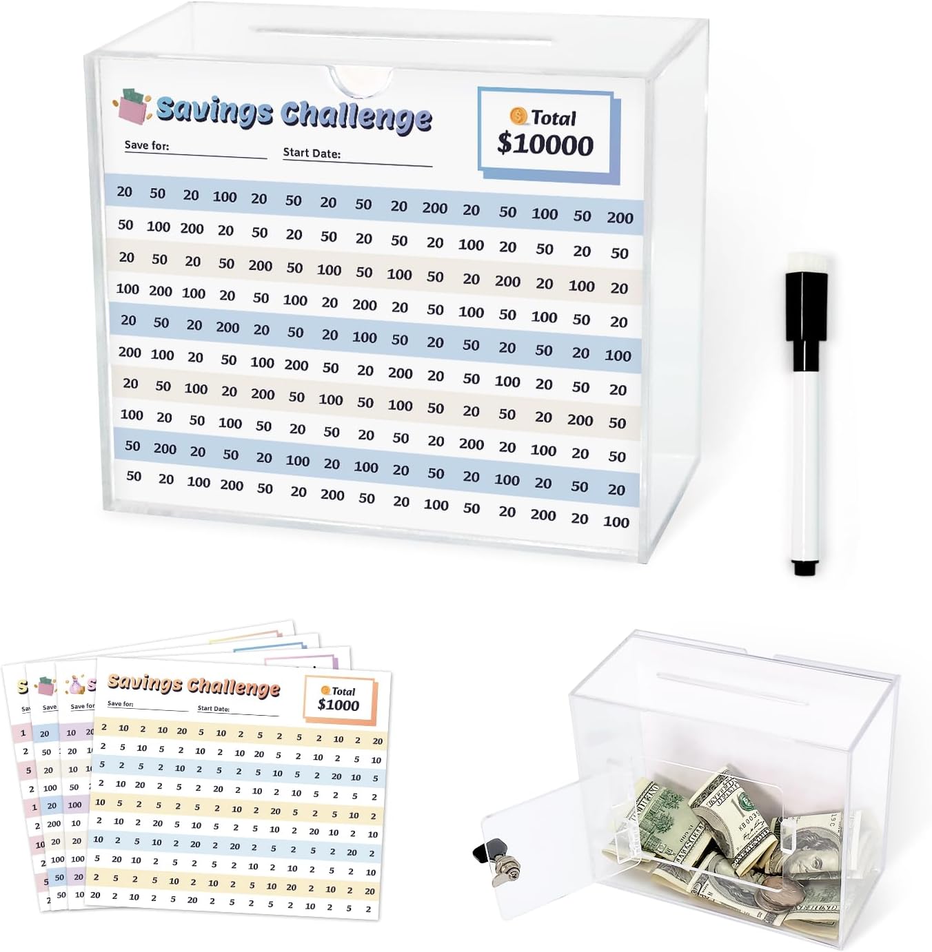Clear Piggy Bank with Lock - Reusable Acrylic Savings Box 10k Savings Challenge Box with 8 Goal Sheets for Adults & Kids | Openable Coin Bank & Cash Jar with Key (Large)