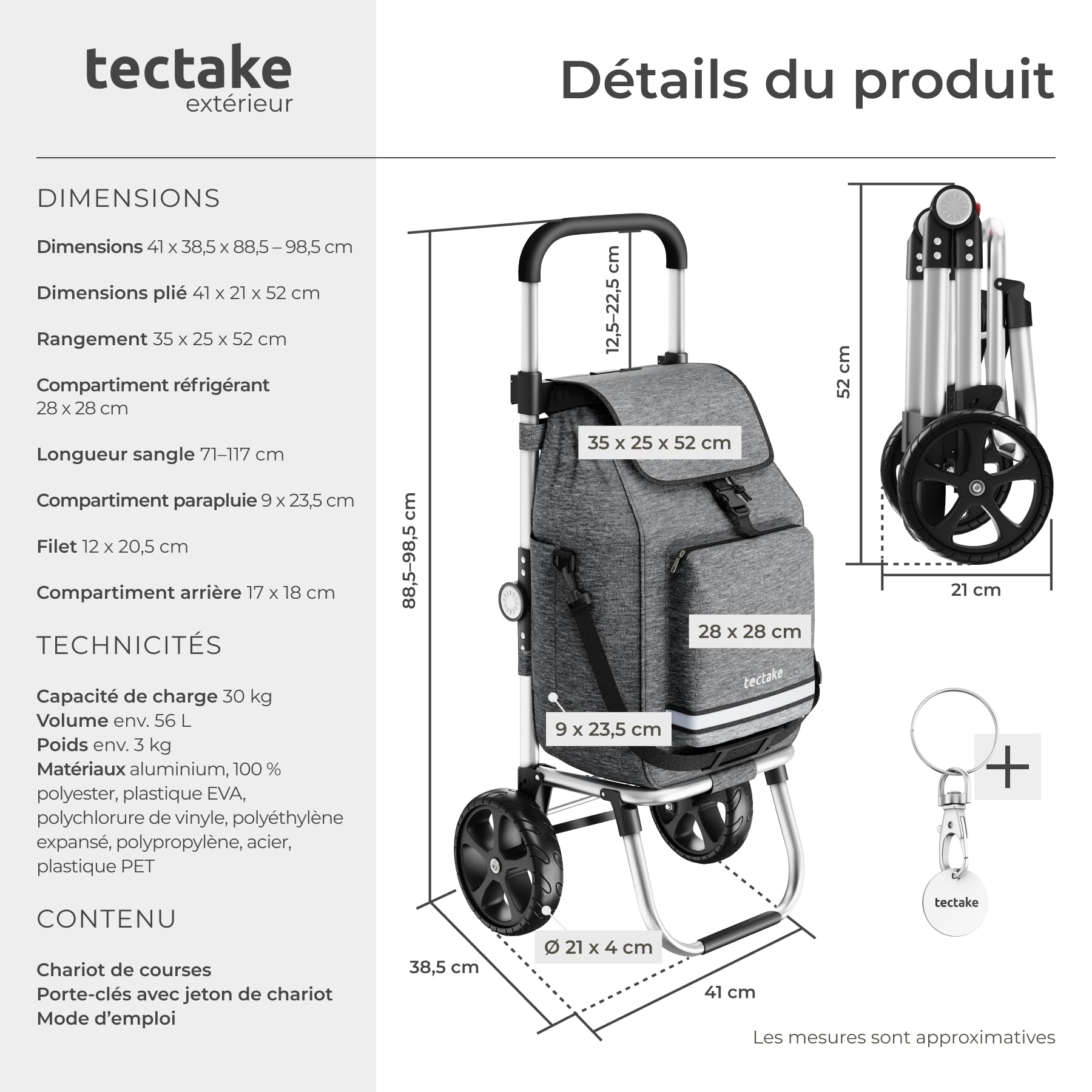 tectake® Caddie de Courses 56L, 3en1, Chariot de Courses, Sac à Bandoulière, Diable, 2 Roues étoiles Tout-Terrain, Compartiment Isotherme, Chariot à roulettes Pliable, Caddie, Cabas Roulette Marché
