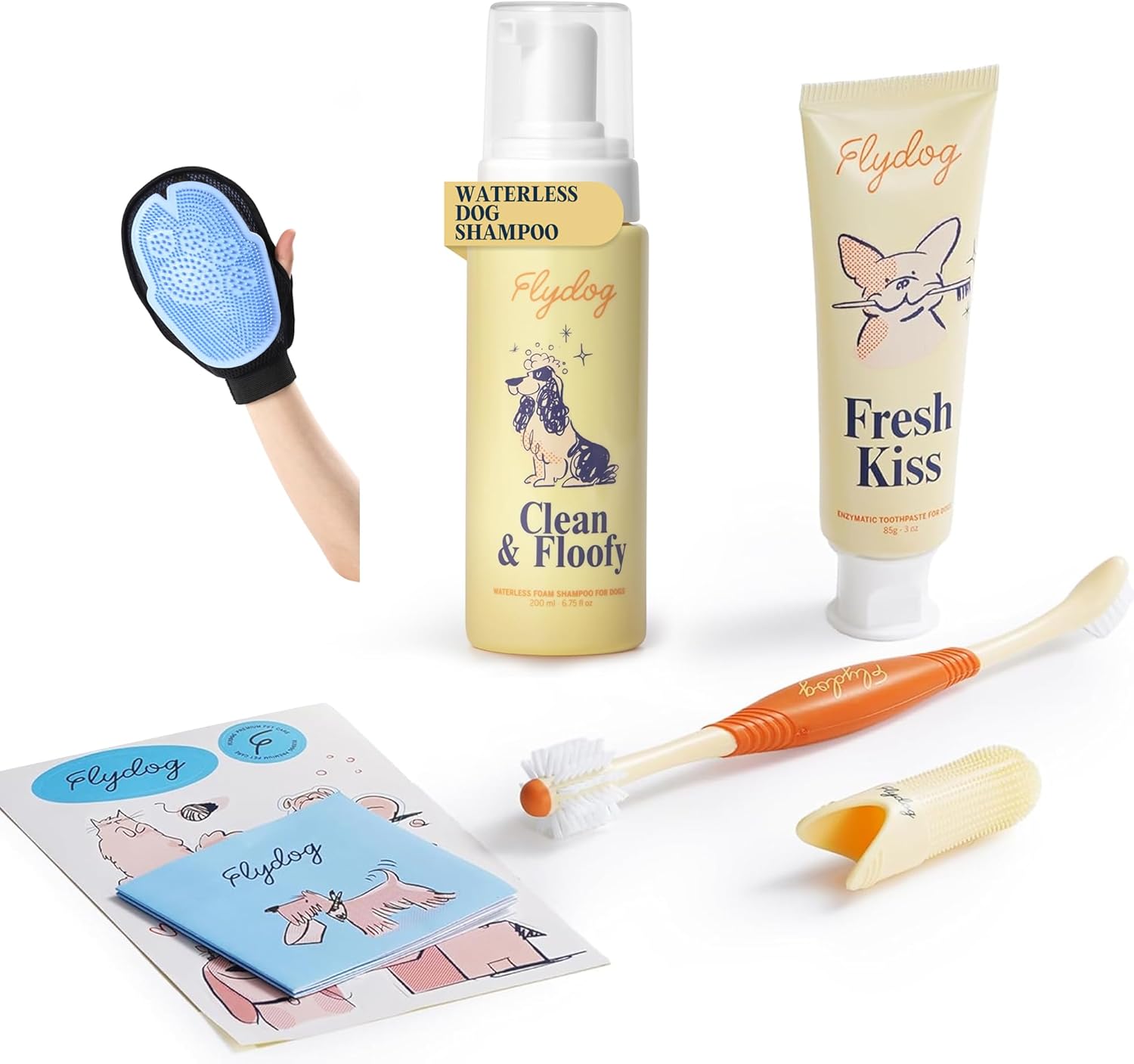 FlyDog Dog Grooming & Dental Care Kit, Dog Toothpaste & 360° Toothbrush, Finger Brush+ Waterless Dry Shampoo Foam with Grooming Glove, Odor Control, Plaque & Tartar Removal, Fresh Breath, Coconut