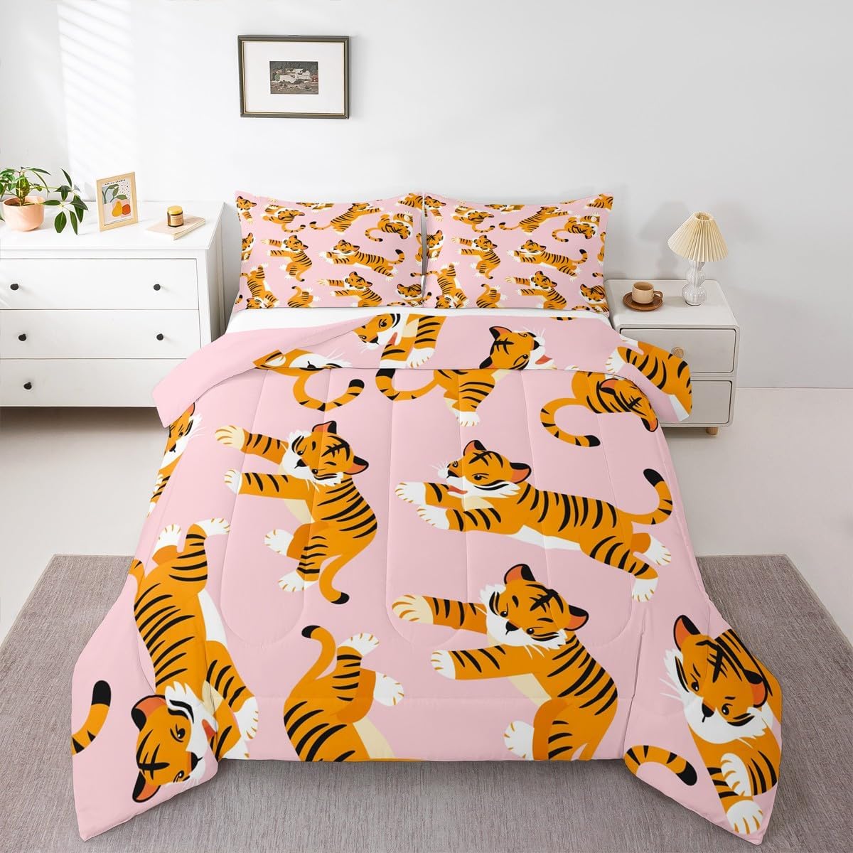 Erosebridal Cute Tiger Comforter Set Queen, Cartoon Tigers Bedding for Kids Boys Girls, Orange and Black Kawaii Wild Animals Bedding Comforter Sets, Big Cat Pink Bedroom Decor Duvet Insert
