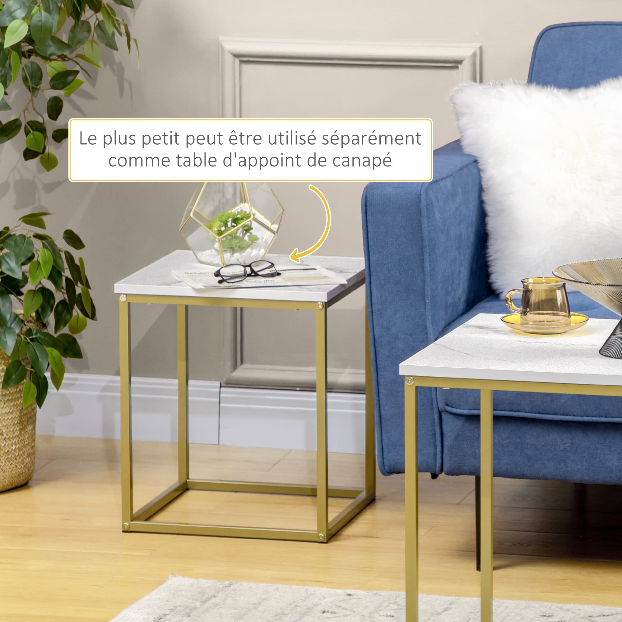 HOMCOM Lot de 2 Tables Basses gigognes Tables carrées Plateau Blanc Aspect marbre et Pied en Acier doré