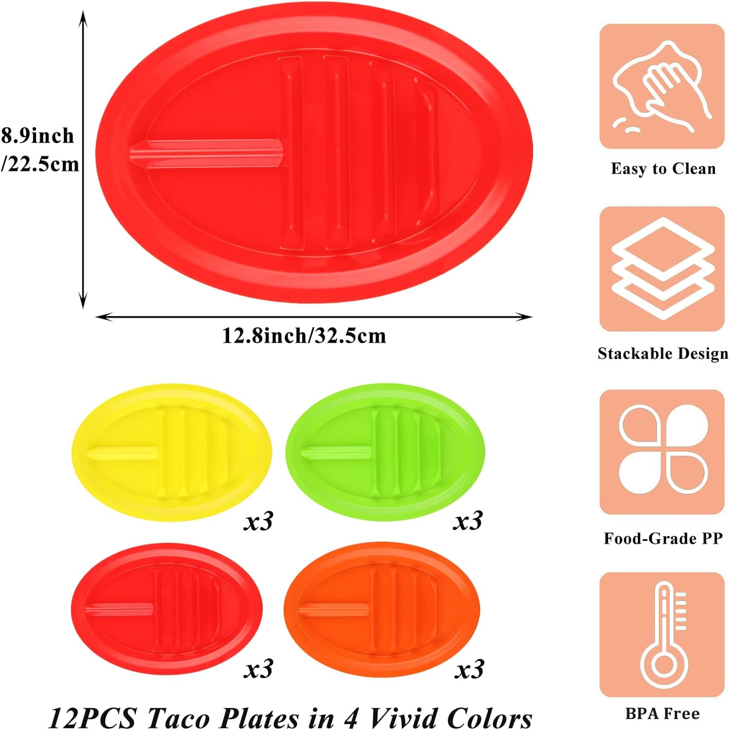 Acrux7 12 Pack Plastic Taco Plates with Dividers, Large Taco Holder Plates, Colorful Taco Trays Microwave & Dishwasher Safe, Hold 3 Tacos, 2 Dipping Areas, Taco Plate for Taco Tuesday Taco Night Party