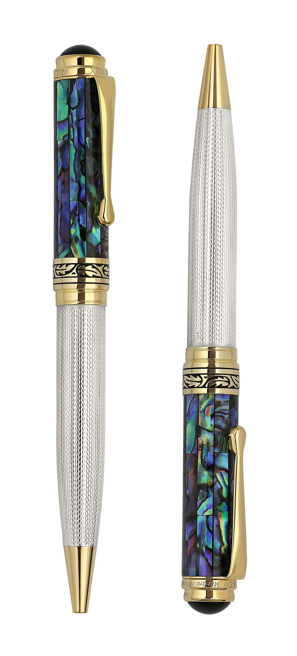 Xezo Maestro Ballpoint Pen, Solid 925 Sterling Silver and Blue Pāua Sea Shell with 18 Karat Gold Plating. Handmade, No Two Alike, Serialized