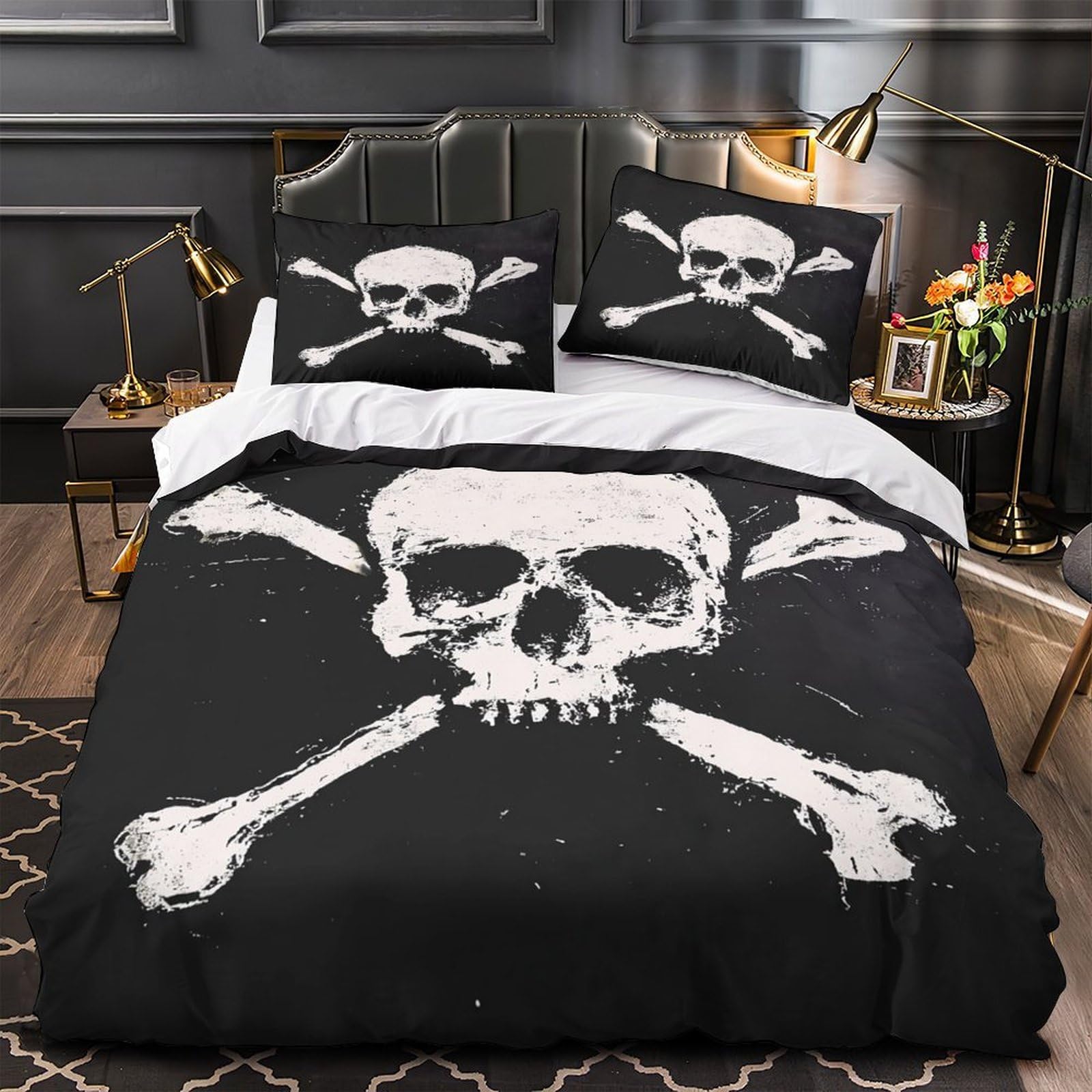 Housse de couette crâne 220x240cm anti-plis et facile à laver avec fermeture éclair