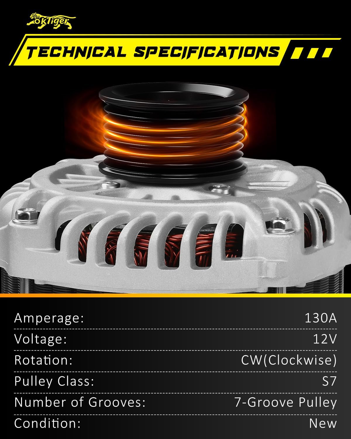 Oktiger Upgraded Alternator for Nissan Altima Se Sl Sr 2007 2008 2009 2010 3.5L, Maxima S Sv 2009 2010 3.5L, Murano 2009 Le S Sl 3.5L, V6 12V 130A Clockwise 7-Groove Pulley, OE 23100-1AA1A
