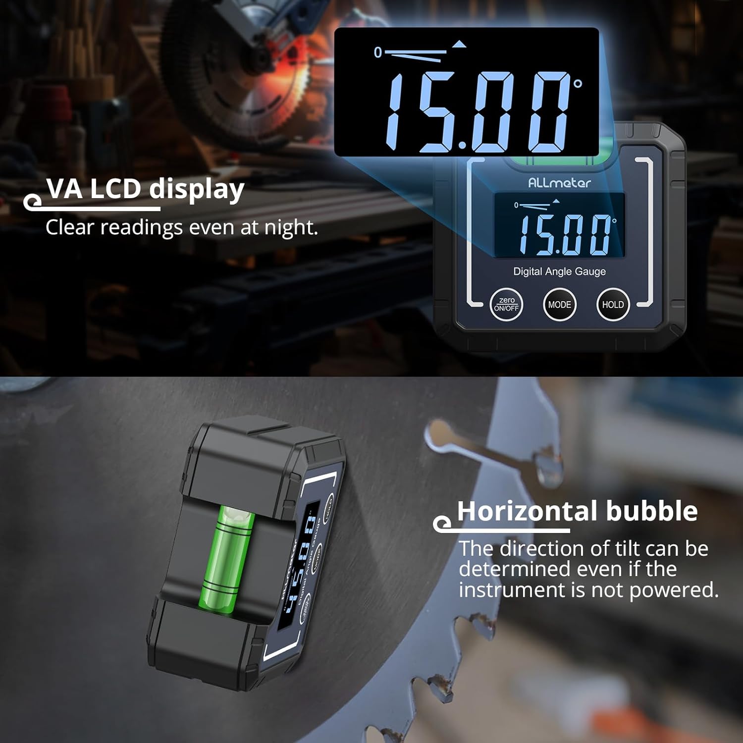 Digital Angle Finder showing VA LCD display and horizontal bubble