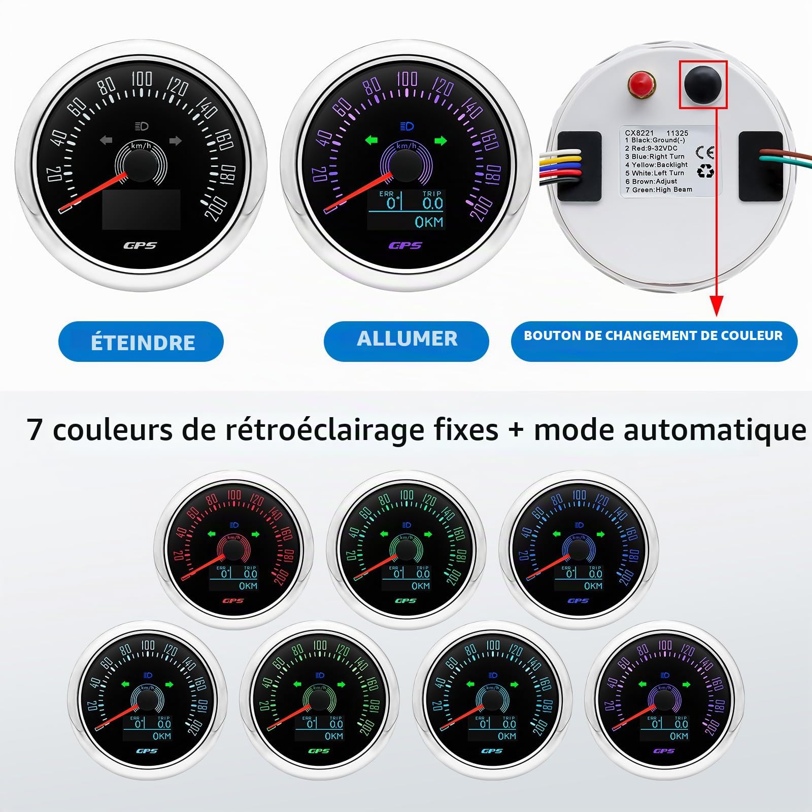 Compteur de vitesse GPS 85 mm 0-200 km/h étanche avec COG voyage kilomètre total pour voiture, camion, moto, 7 couleurs, rétroéclairage 9-32 V