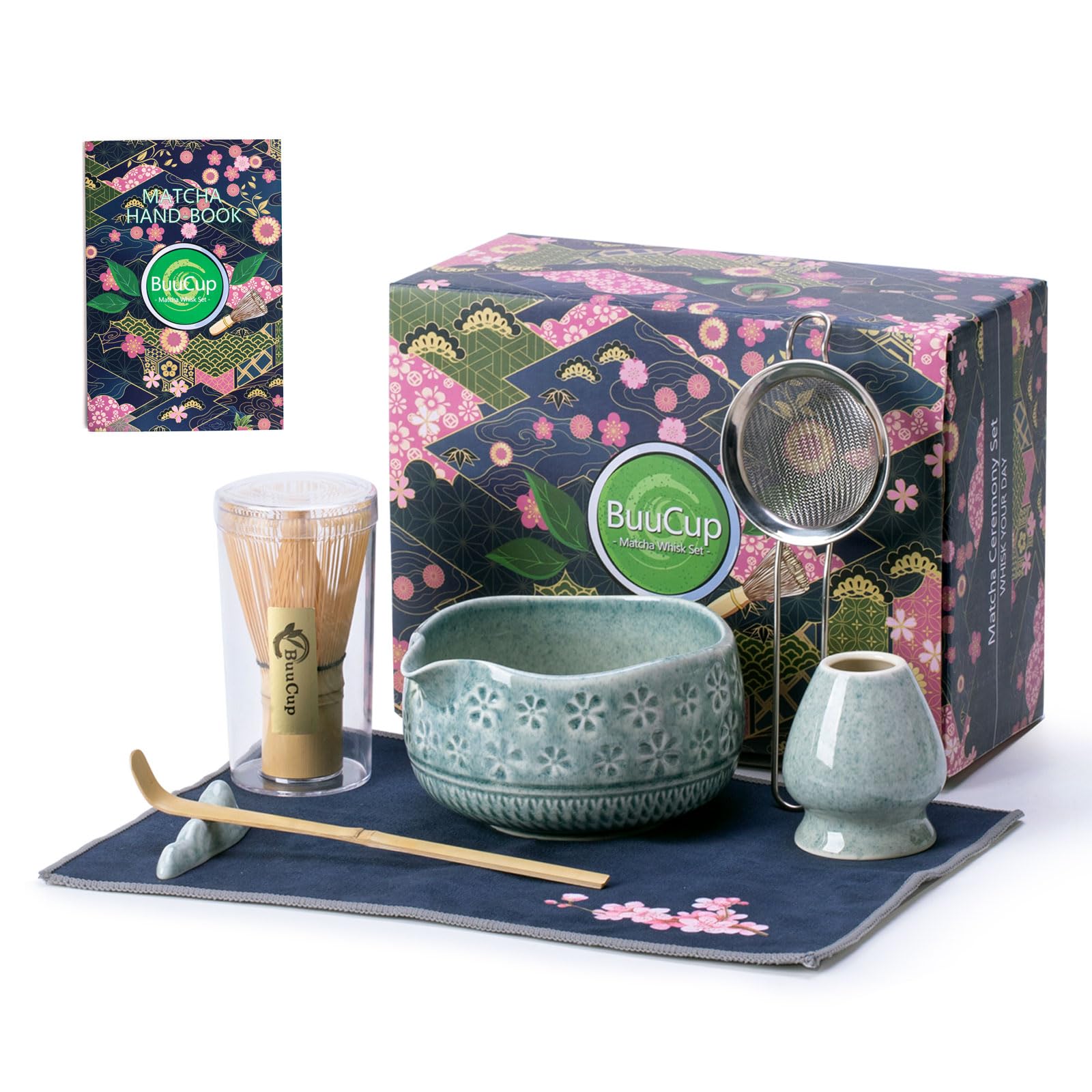 Buucup Matcha Whisk Set, Ceramic Matcha Kit Includes Matcha Bowl, Matcha Whisk and Holder, Bamboo Scoop, Scoop Rest, Sifter and Tea Towel - 7 Pcs Matcha Kit for Matcha Lovers (Blue)