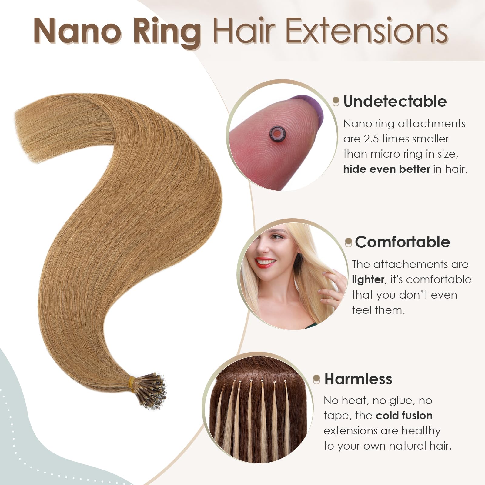 Elailite Nano Beads Hair Extensions Real Human Hair 50 Strands 50g Nano Rings Nano Tip Cold Fusion Remy Hair Straight (#27 Dark Blonde - Image 2
