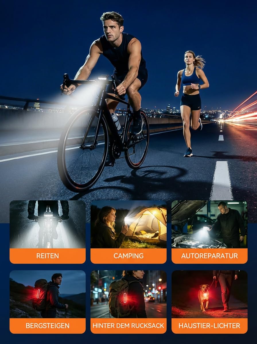 Fahrradlicht Set mit StVZO Zulassung, 3 LED Frontlicht Blendfrei & Rücklicht mit Bremslichtfunktion, USB-C Aufladbar, IP65 Wasserdicht, Halterung Kompatibel mit GoPro & Fahrradcomputer für MTB E-Bike