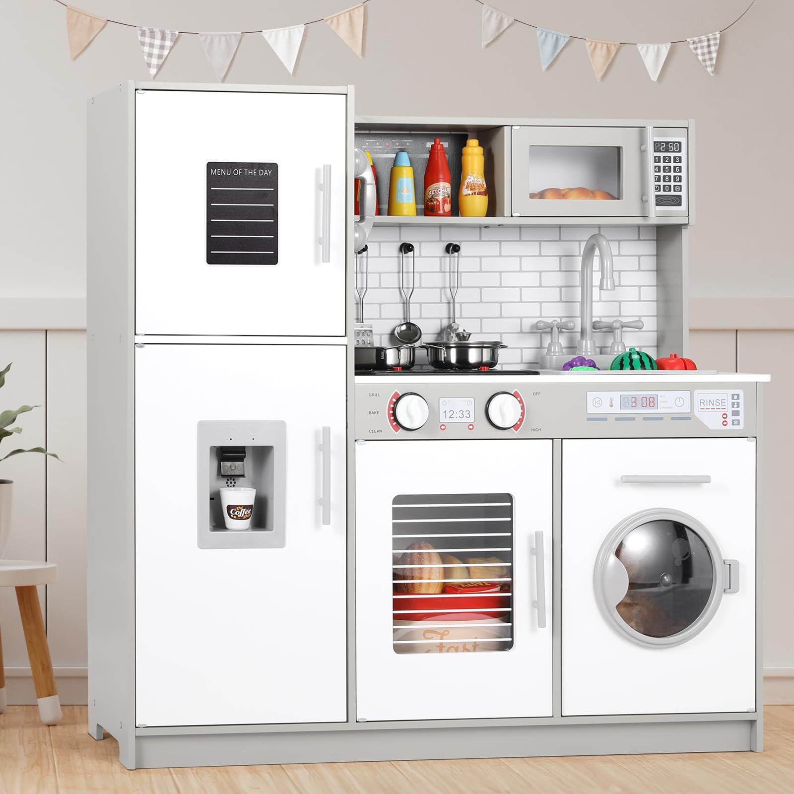 MAMIZO Play Kitchen for Kids, Wooden Chef Pretend Toy Kitchen w/Washing Machine, Water Dispenser, Stove, Real Sound & Light, Telephone, Range Hood,