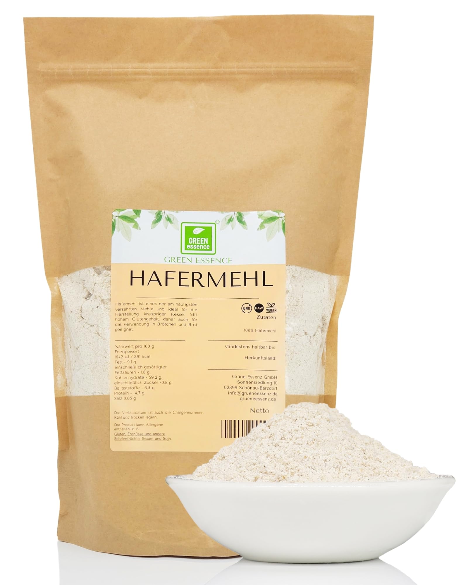Hafermehl 1000g von der Grünen Essenz - natürliches Haferkornmehl 1kg - natürlich geeignet füt Brot und Haferkekse - Gemahlene Haferflocken - ohne Zusätze (1000 G)