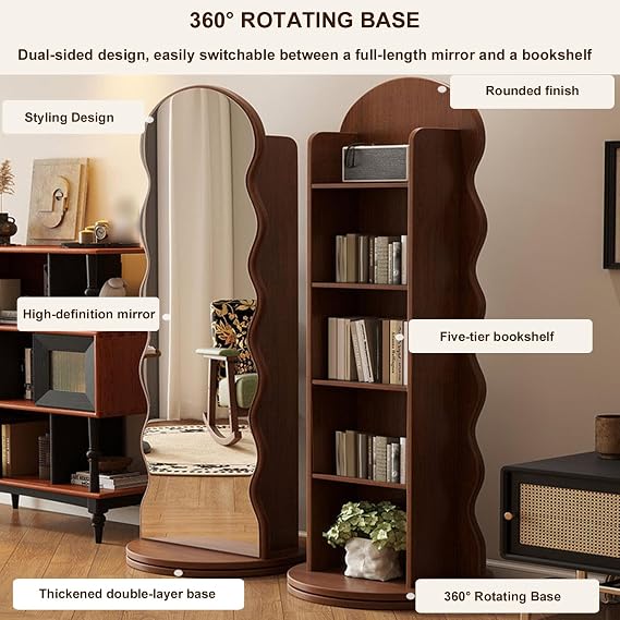 360° Rotating Full Length Mirror with Bookcase, High 66.9IN