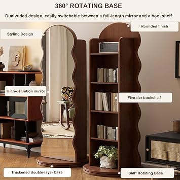360° Rotating Full Length Mirror with Bookcase, High 66.9IN