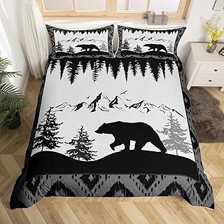 Jungle Bear Duvet Cover Cartoon Black Gray Pine Trees Mountain Bedding Set for Kids Teens Adults Simple Boho Grid Cute Wild Animal Comforter Cover with 2 Pillowcases King Size 3 Pcs