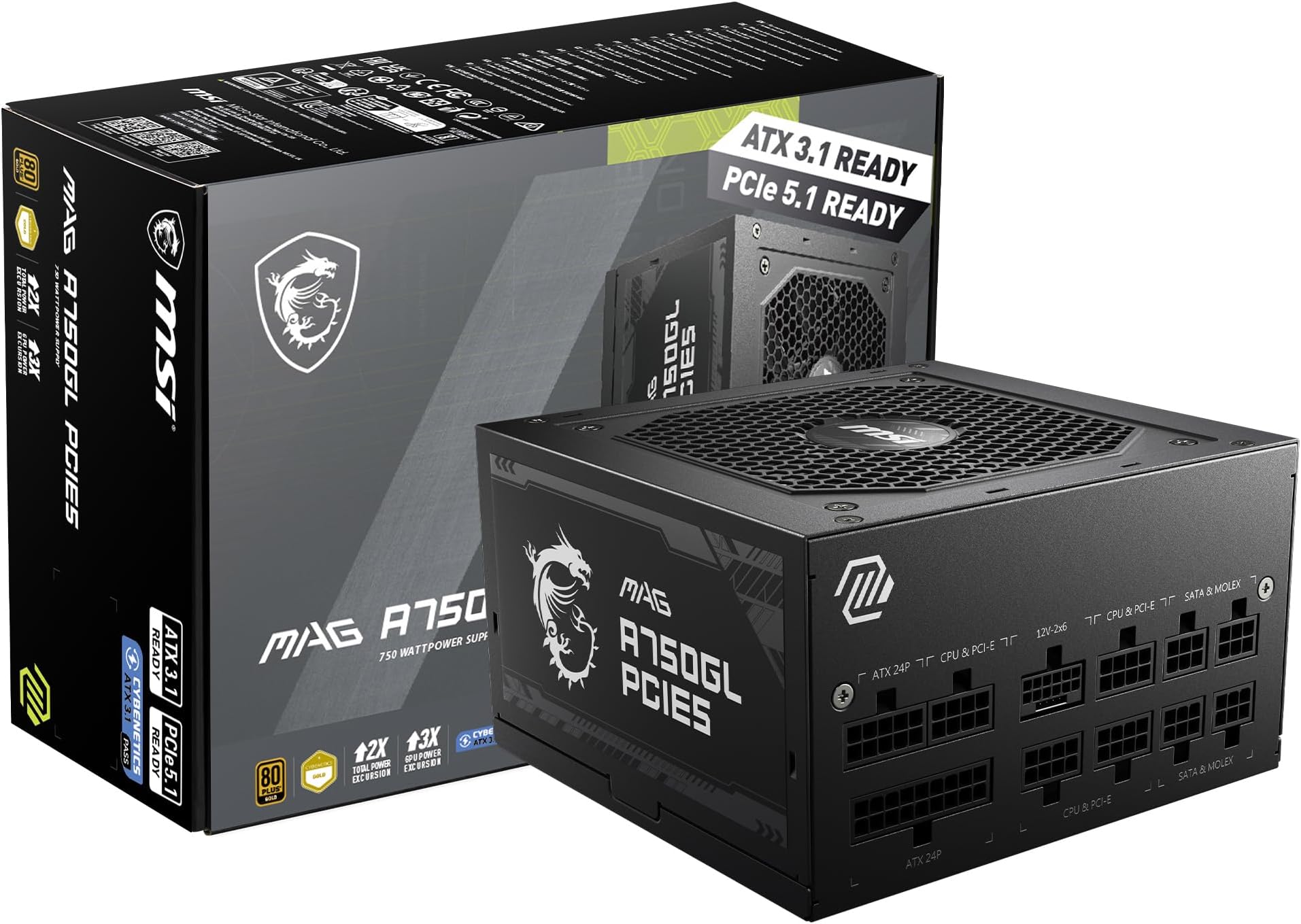 MAG A750GL PCIE5, Fully Modular Compact Gaming 750W Power Supply, 80+ Gold, ATX 3.1 & PCIe 5.1 Ready, Native Dual-Color 12V-2x6 Cable, 10 Year Warranty