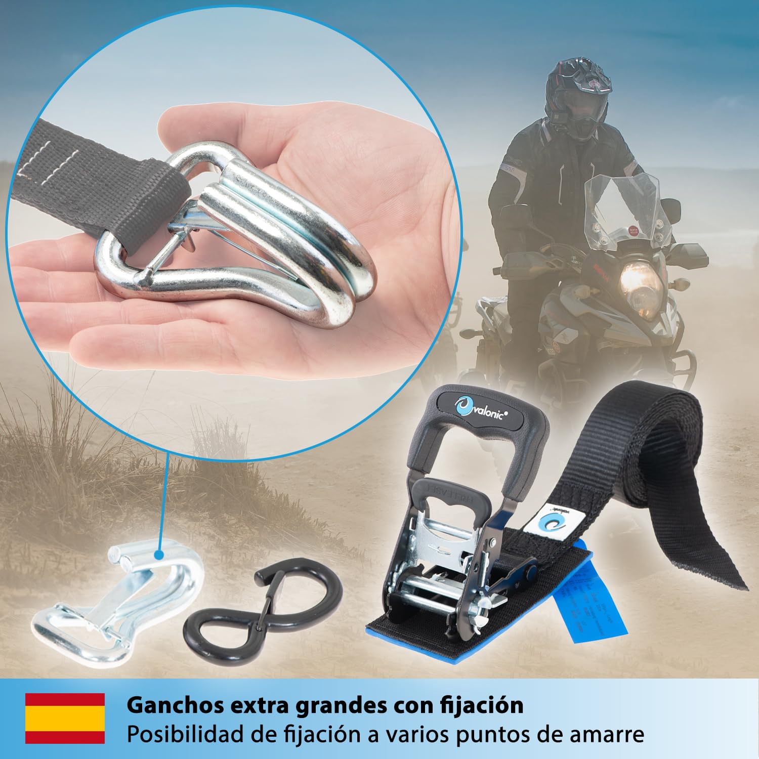 valonic Panther - 2X 2,25m cincha de Amarre con trinquete para Motos, 38mm, 650/1300 Kg, Acolchado, Certificado TÜV Rheinl/GS, EN 12195-2 - Distancia de tensado Corta, para remolques