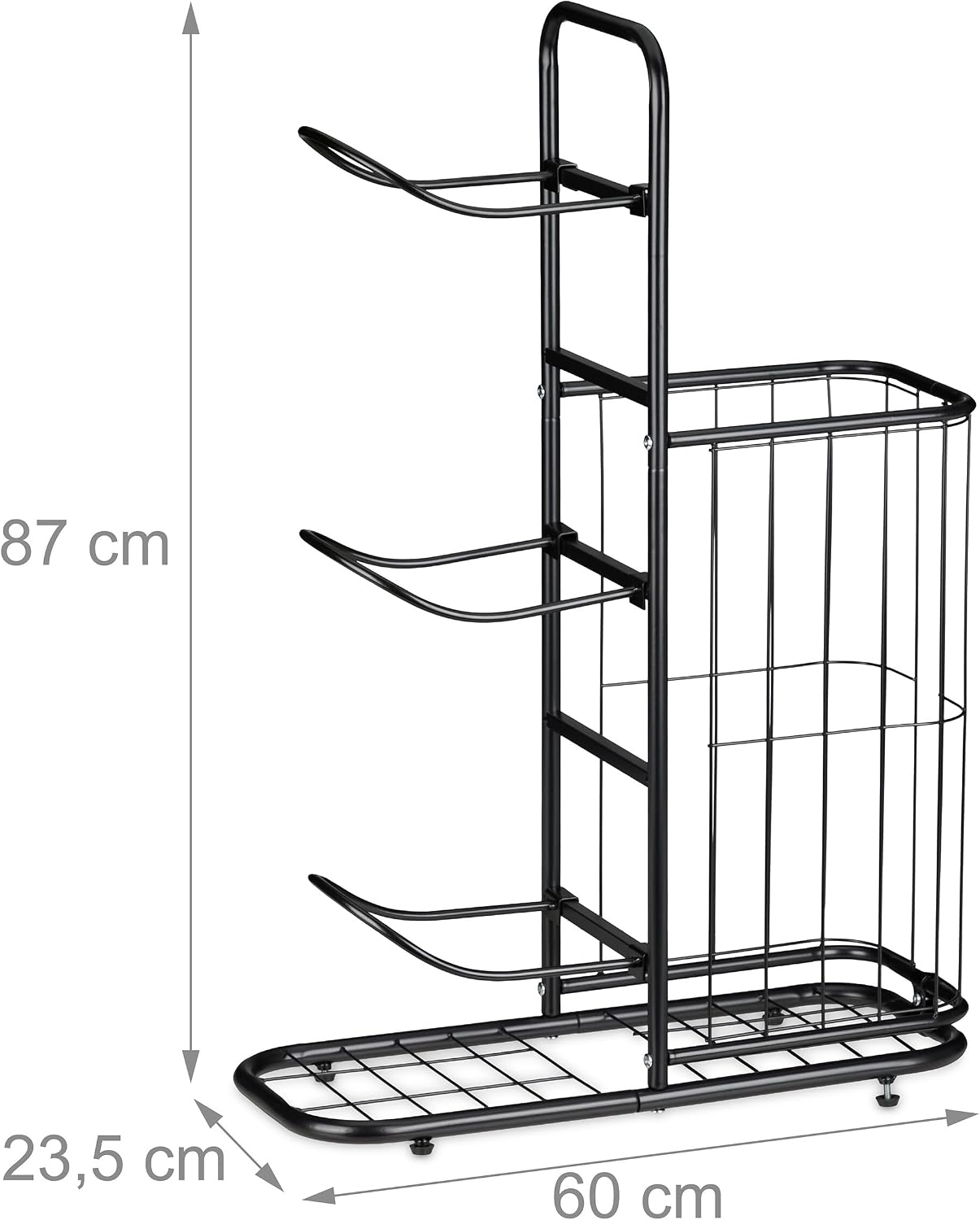 Relaxdays Ball Storage Rack, 4 Holders, for Basketball & Football, with Basket, Sports Equipment Stand, Metal, Black, Steel, 87 x 60 x 23.5 cm