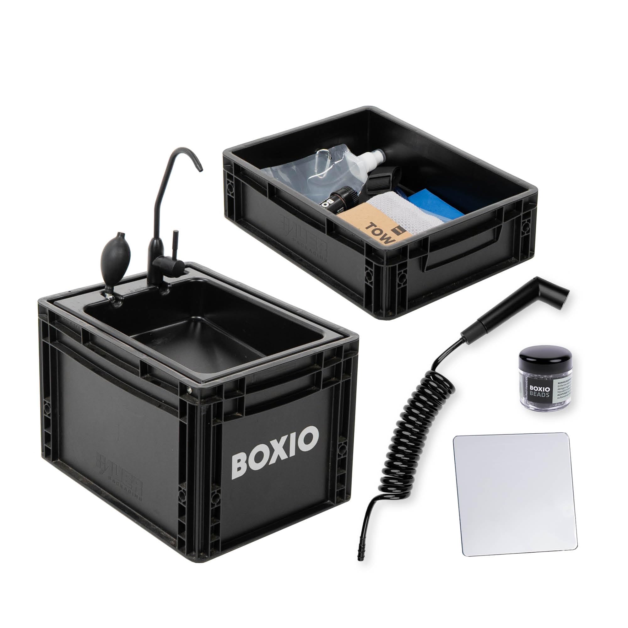 BOXIO - WASH Max+: Mobilny zlewozmywak 40 x 30 kompletny zestaw: system filtrów + prysznic kempingowy + perły czyszczące + lustro, kempingowa umywalka z pompką bez prądu, akcesoria kempingowe w