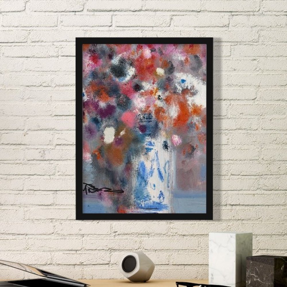 Cadre photo en bois noir medium et peinture à l'huile fleurs colorées Xjj pour maison