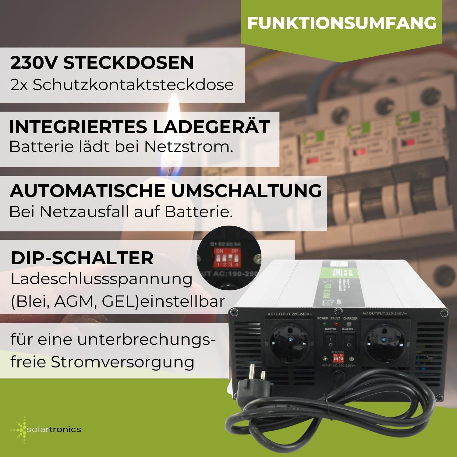 Przetwornica napięcia USV 230 V 12 V NPS 2000 W z przełącznikiem DIP czysty sinus UPS Inverter
