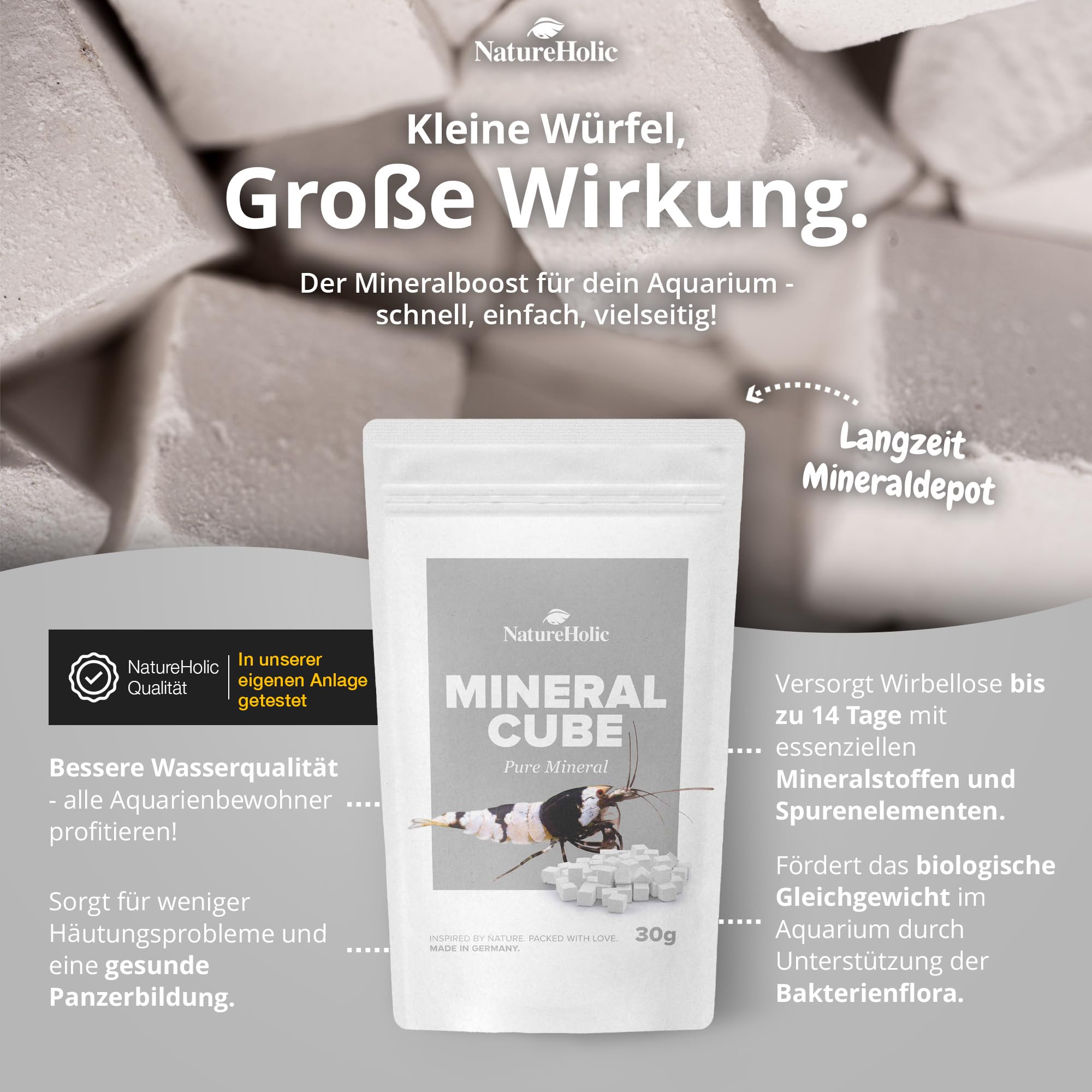 NatureHolic MineralCube - Confezione da 4 pezzi | Pure Mineral, Vitamine Power, Spinach Power & Blue Spirulina | Mangime minerale e permanente per gamberetti, lumache, granchi, granchi