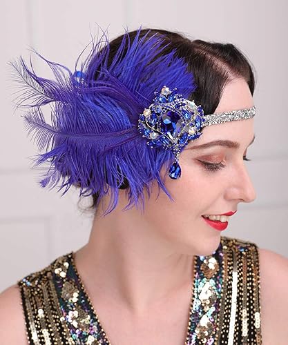 Miniatura 3 de Aimimier Diadema de plumas de los años 20, tocado de zafiro azul real con cadena de cabeza de cristal brillante, accesorios para el cabello para