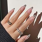 MISUD Press on Nails - Medium Almond Fake Nails with White Silver Chrome, Acrylic French Tip Design 24 pcs