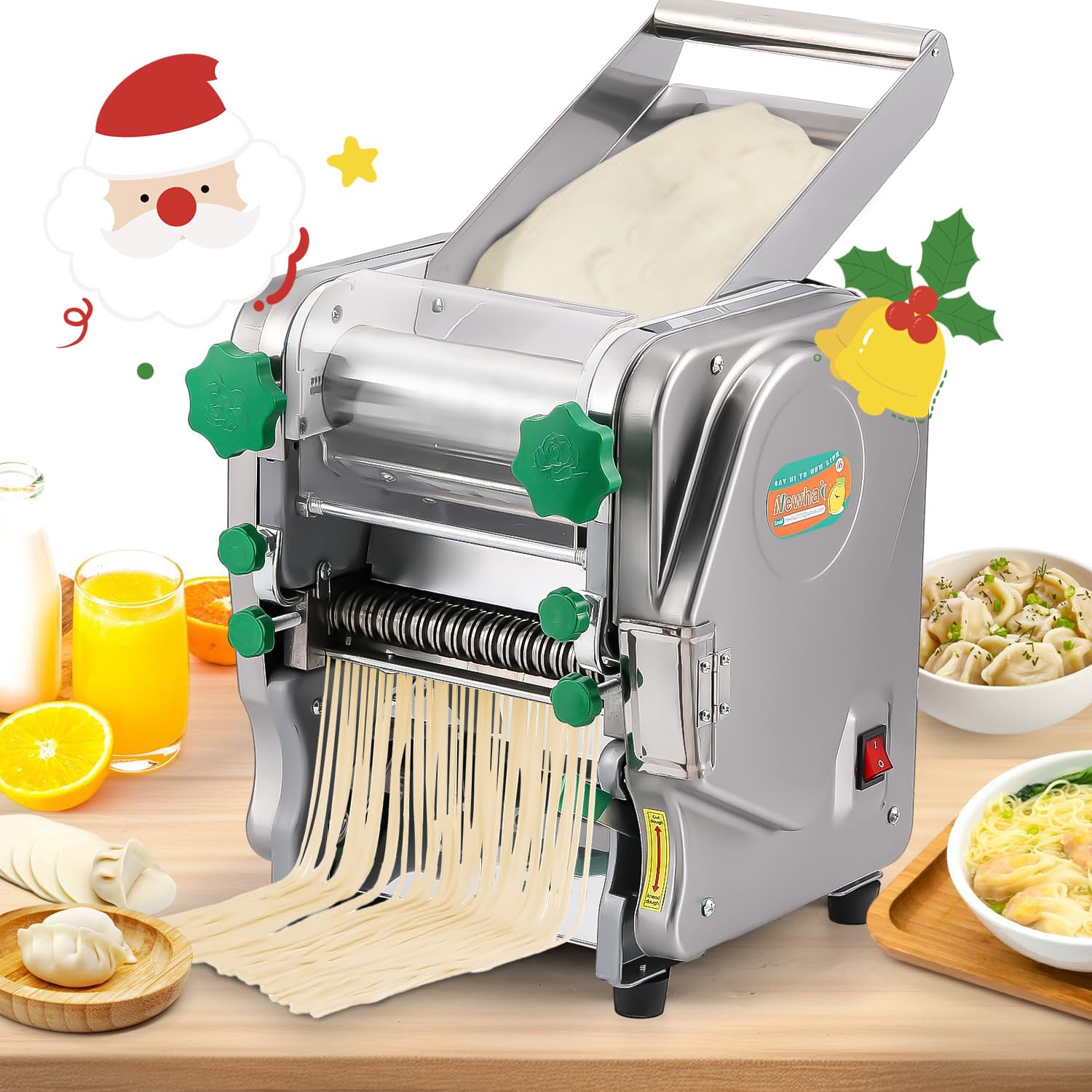 Newhai Commercial Electric Pasta Maker 2-in-1 Automatic Noodle Machine Thickness Adjustable 2mm 6mm Noodle Heavy Duty Dough Roller Pressing Machine, 750W