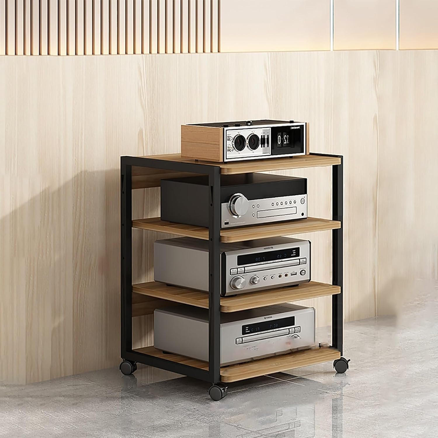 Stojak na sprzęt audio HiFi, 3/4-poziomowy stojak na sprzęt audio-video z kółkami, wielofunkcyjne, drewniane półki z regulacją wysokości, do przechowywania wzmacniacza/dekodera TV/drukarki (styl
