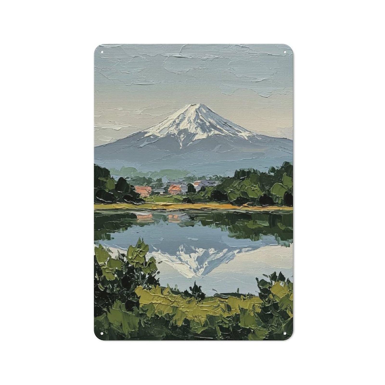 Junmoney Style-5 Tin Sign 30X20cm With Mount Fuji Reflection Painting For Workshop Wall, Retro Decor, For Metal Sign Collectors, For Cafés, Pubs And Restaurants