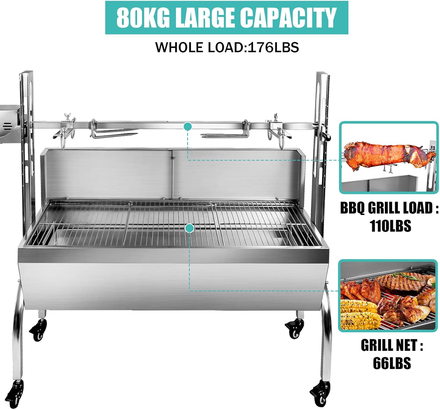 Stainless Steel Rotisserie Grill with Back Cover Guard, Electric 25W Motor Outdoor Cooking Spit Roaster, 48.7 Inch Rated 176 LBS BBQ Whole Pig Charcoal Grill Rotisserie Roaster System