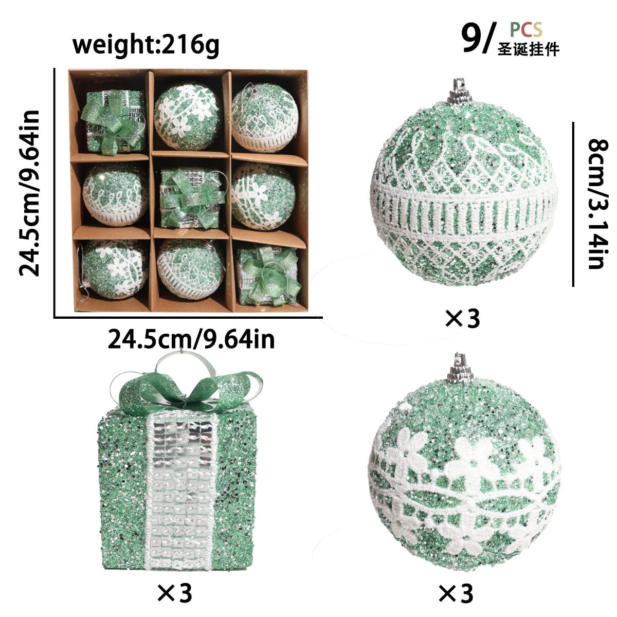 Bombki świąteczne, 9 szt., 8 cm, ozdoby choinkowe, święta, do domu, na Boże Narodzenie, wystrój (zielony)