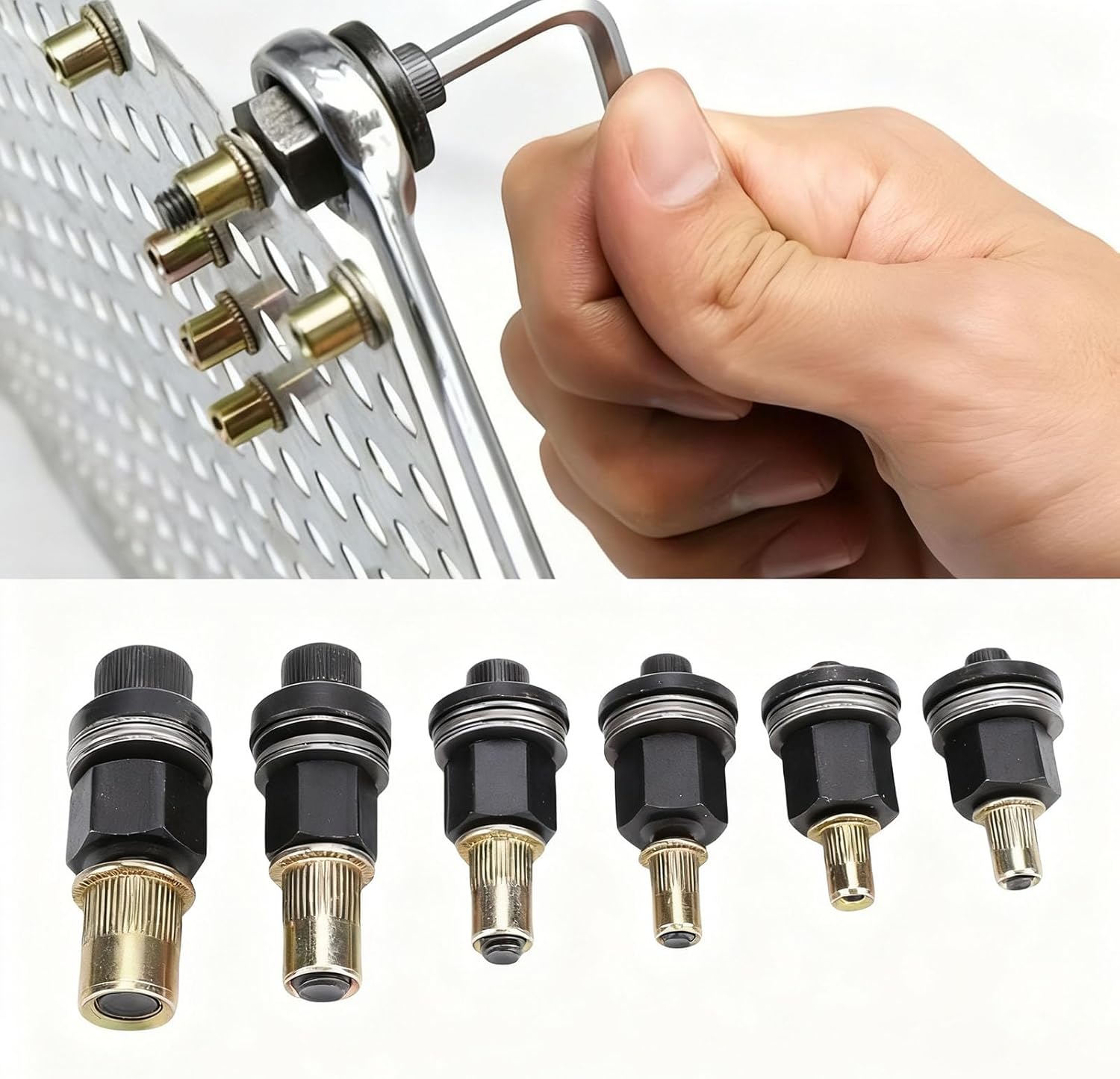 Jectse 6Pcs Hand Rivet Nut Tool Mandrels, Manual Rivnut Tool Mandrel Set Accessories 10 24 to 3 8 16, with Common Sizes for Sheet Metal Pipe Riveting Automotive Furniture Construction