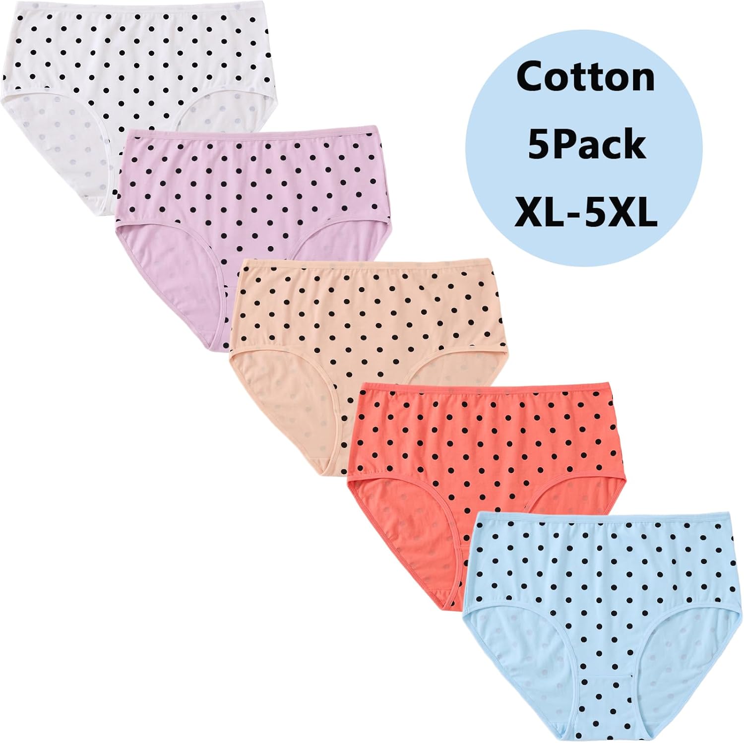 Womens Underwear Cotton Plus Size Briefs XL-5XL Mid High Waist Full Coverage Ladies Panties 5 Pack Polka Dot - Image 7
