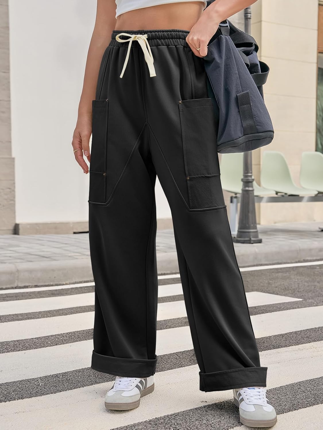 Aoysky Womens Wide Leg Sweat Pants Casual Elastic Waist Drawstring Hiking Workout Cargo Pants Loose Fit - Image 3