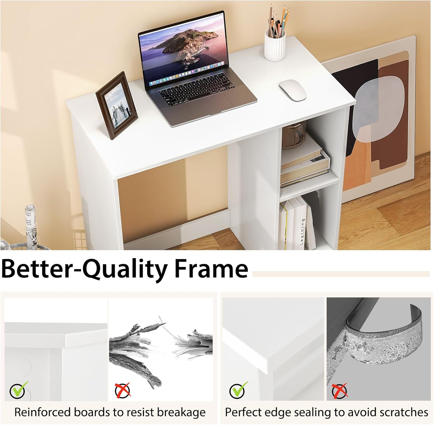 Tangkula Small White Desk with Shelves, Compact Desk for Small Space, Study Writing Table with 2 Tier Shelves, Modern Simple Style Laptop PC Table, White