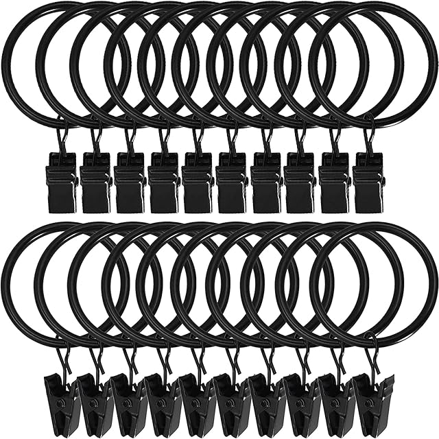 Gerhannery 30 Pack RingsCurtain Clips Strong Metal Decorative Drapery Window Curtain Ring with Clip Rustproof Vintage Compatible with up to 1 inch Drapery Rod Black (Black)