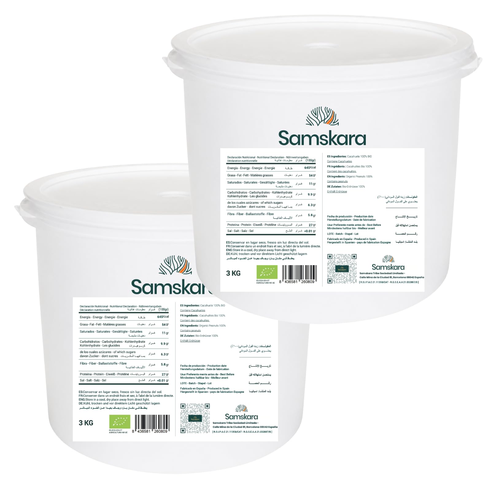 Crema de Cacahuete Ecológica BIO Smooth 3kg x 2 Cubos | 100% Cacahuetes Tostados | Mantequilla de Maní Cremosa Sin Azúcar Añadido, Sin Sal, Sin Aceite de Palma | Vegana | Pack Ahorro