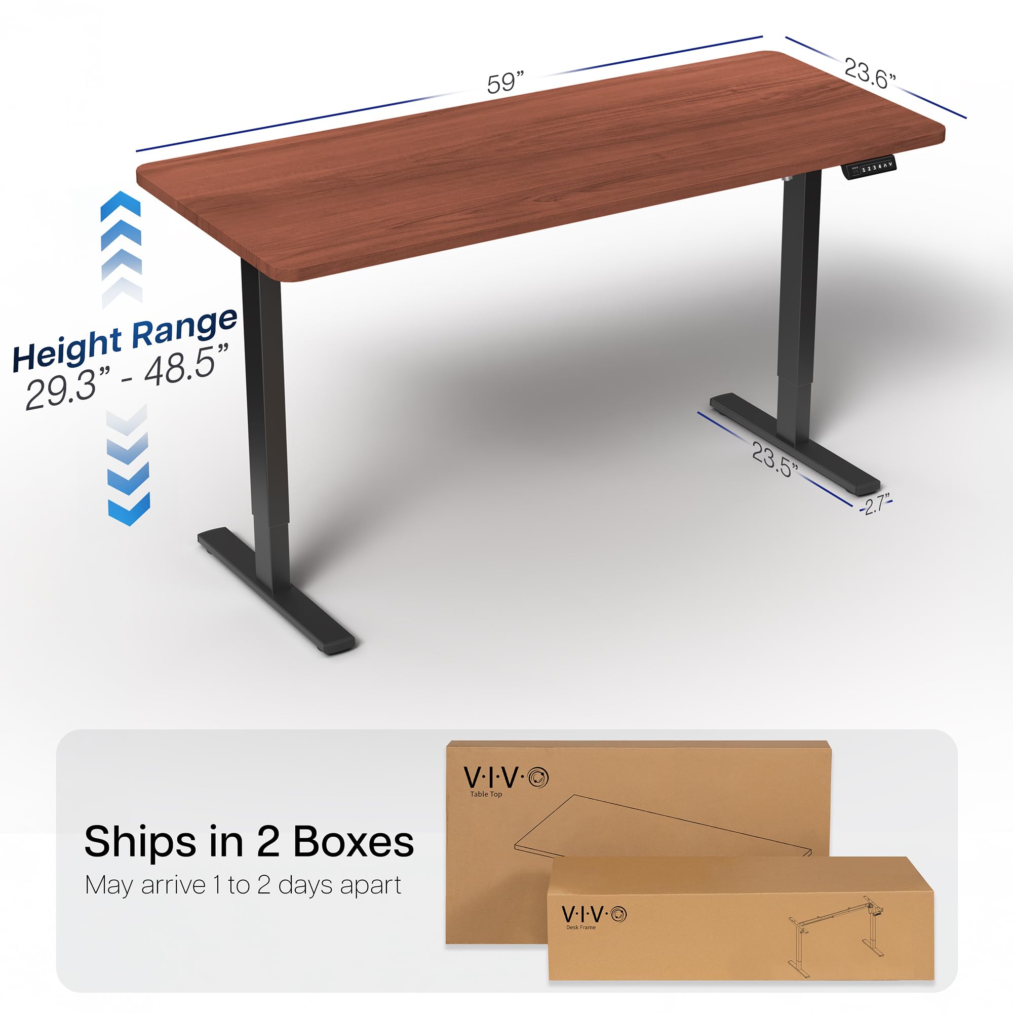 VIVO Electric 60 x 24 in Standing Desk, Memory Height Adjustment, 1B Series, One-Piece Dark Walnut Top, Black Frame, DESK-KIT-1B6D