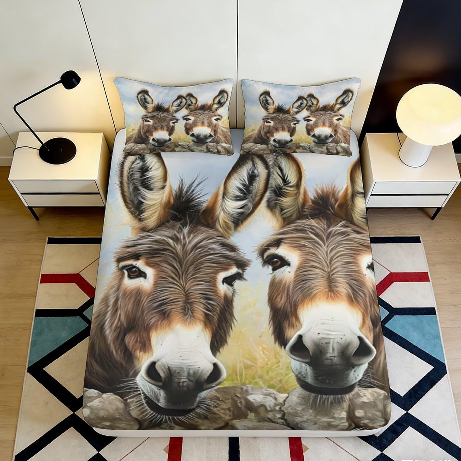 3D Printed Donkey Animal Fitted Sheet Microfiber Soft Durable Donkey Face Bed Cover for Bedroom Dormitory Guest Room Mattress Protection 180x200x25cm