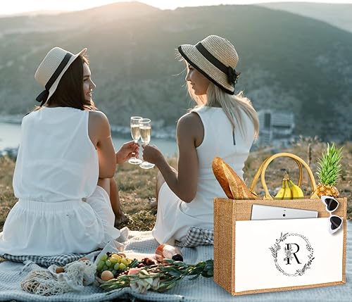 Miniatura 7 de JUSTOTRY Bolsa de mano con inicial, yute natural, grande, 13 onzas, personalizada, bolsa de lona con monograma, regalo para mujer