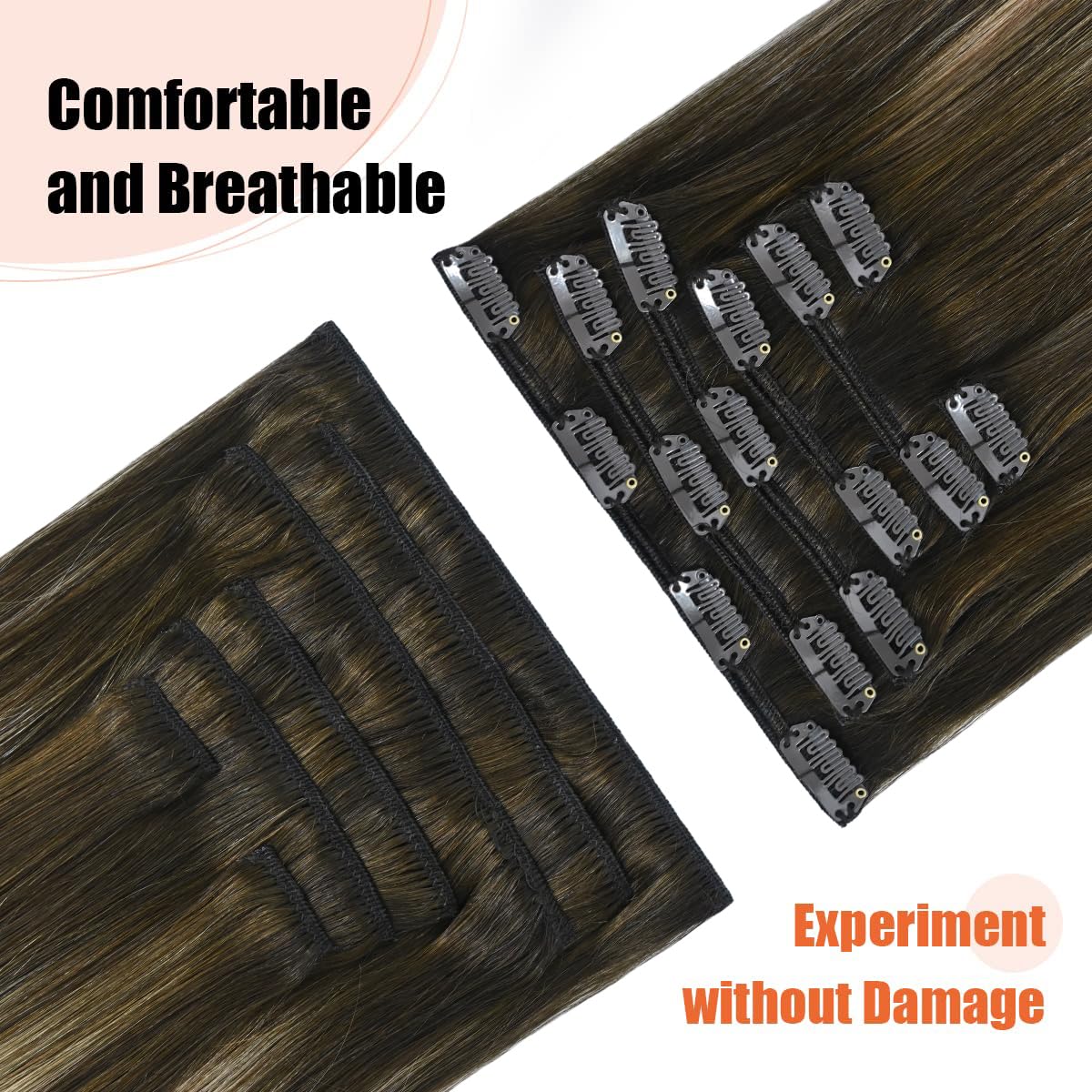 Mushroom Brown Hair Extensions Real Human Hair Ombre Medium Brown Fading to Caramel Blonde Balayage 18inches 70g Highlights 100% Human Hair Natural Straight Woman Beauty Clip ins