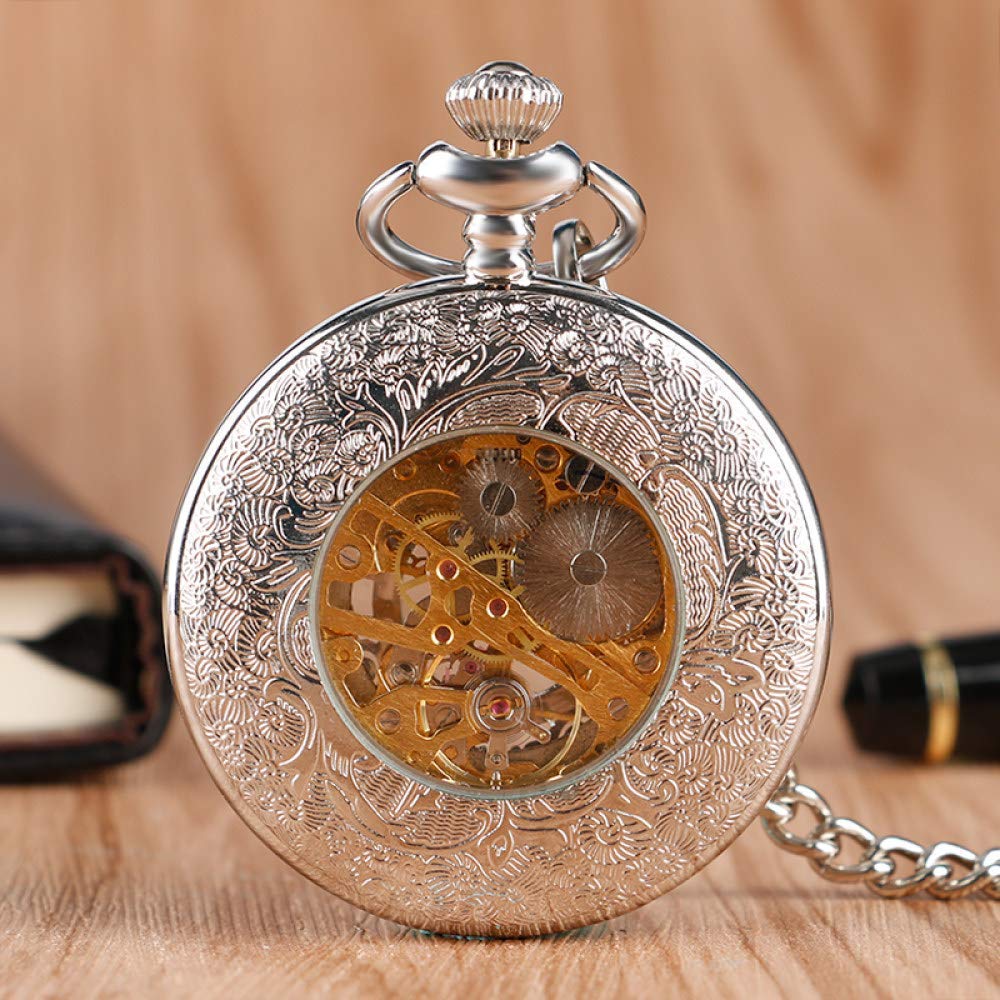 Desconocido Reloj de Bolsillo, Reloj de Bolsillo Retro Exquisito Steampunk Plata Vintage mecánico clásico Cuerda Manual Rejillas Mujer Cadena