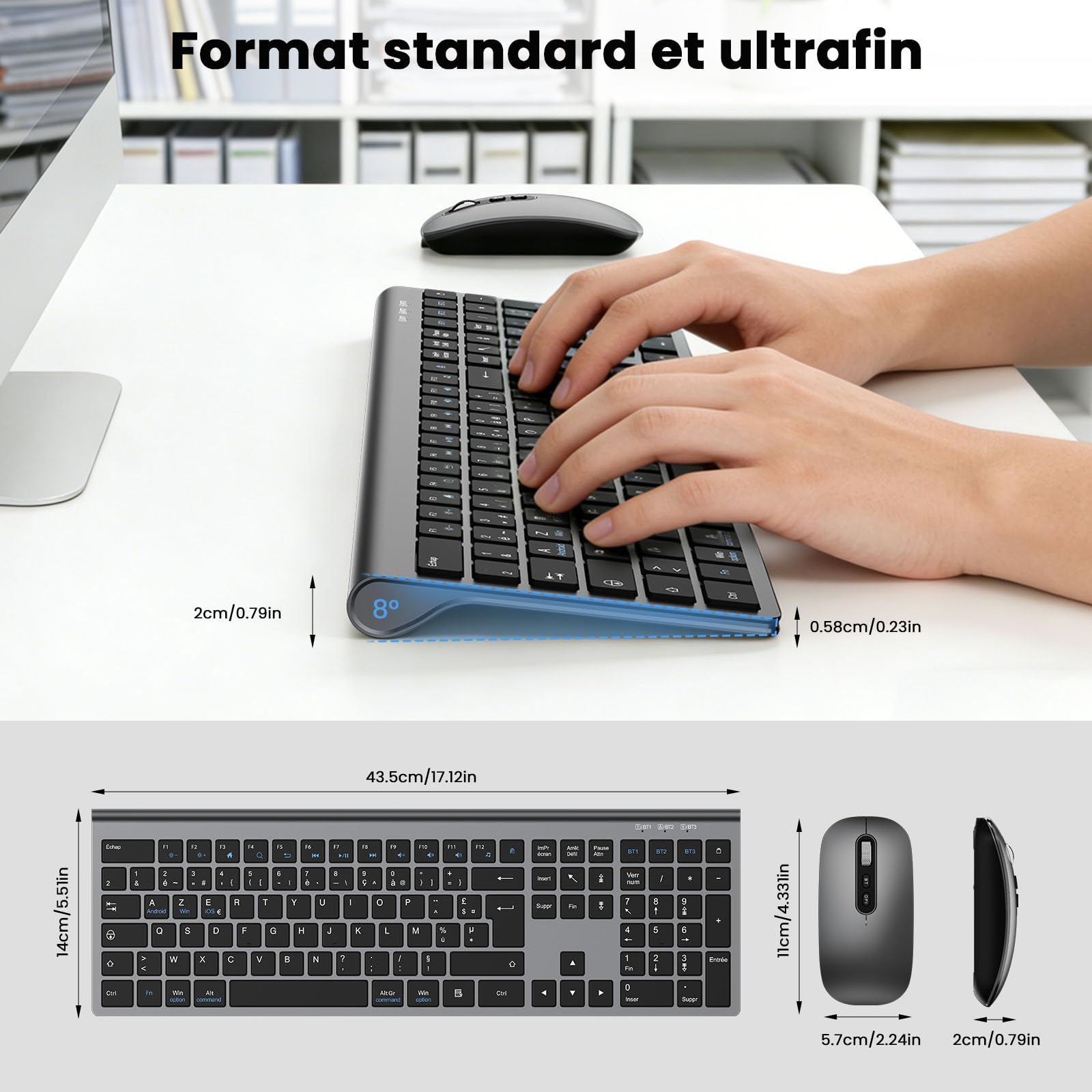 cimetech Clavier Souris sans Fil Bluetooth, Connexion BT1+ BT2+ BT3, Rechargeable, Silencieux, Ultra-Fin Clavier AZERTY, Compatible Windows/Mac OS/iPad/Android-Gris Noir