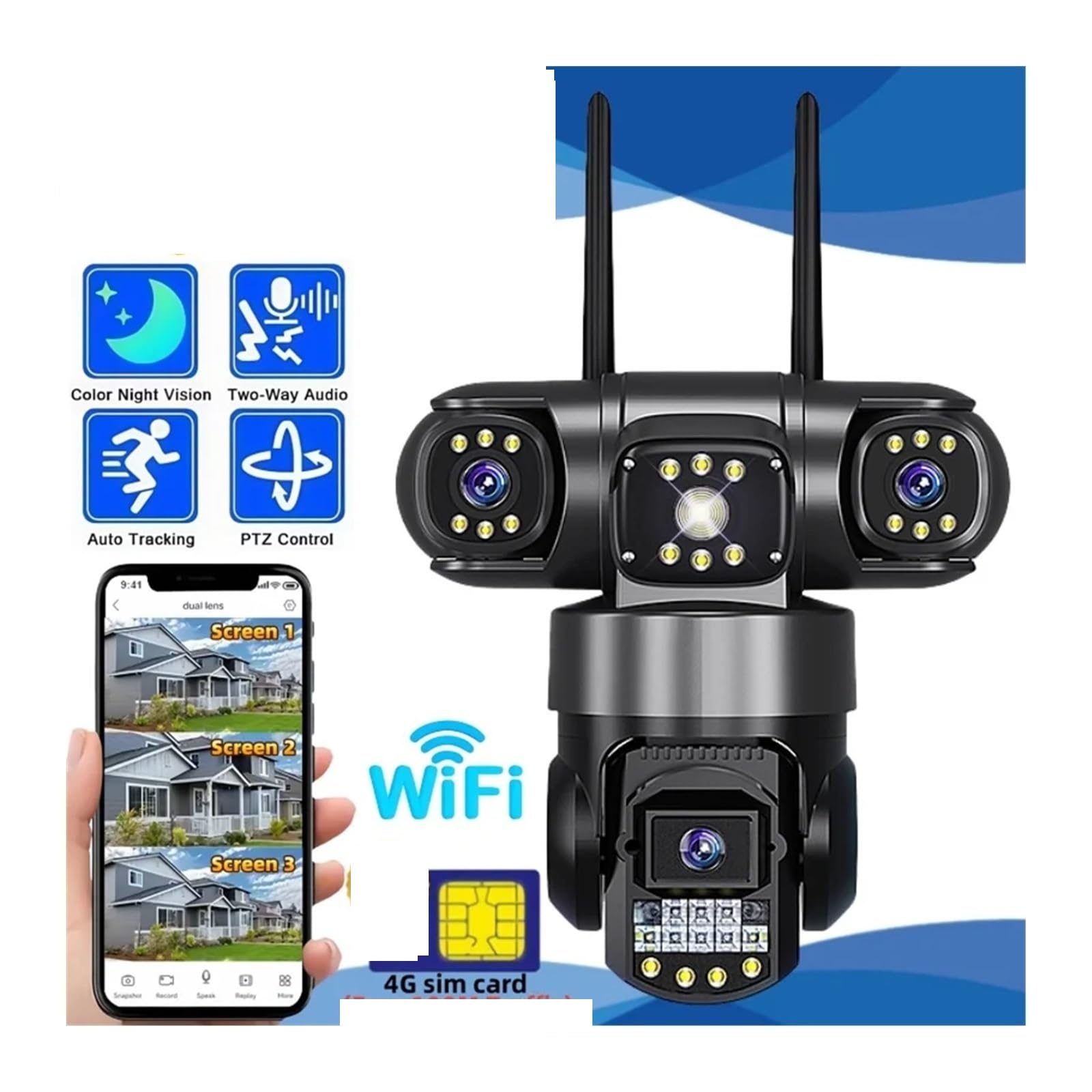 Kamery bezpieczeństwa, Kamera Zewnętrzna WIFI/4G 12 MP Z Potrójnym Obiektywem I Ekranem, Monitor Wideo Noktowizorem Wodoodporną Kamerą(4G Camera No Card)