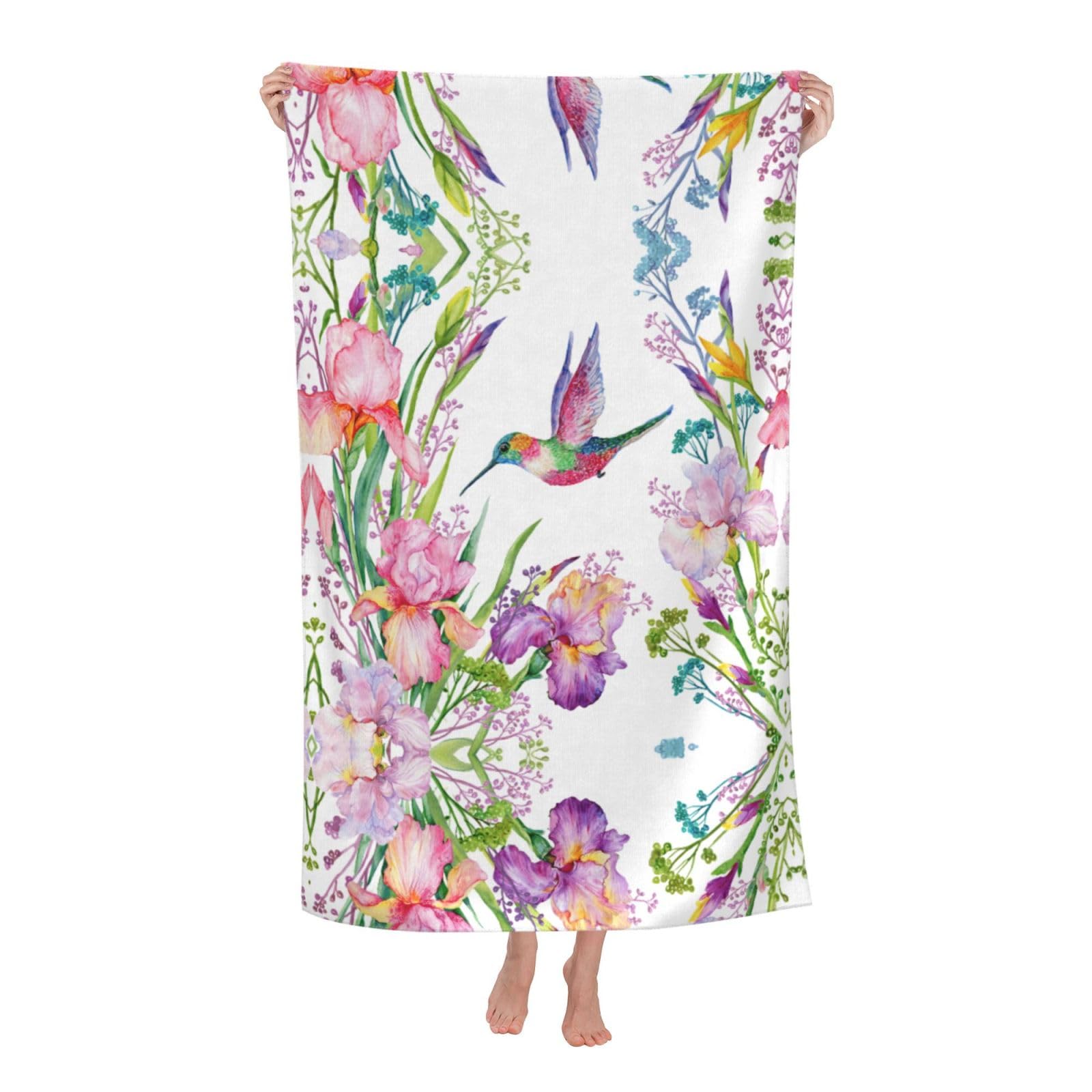 Oazcvbnn Women's White Garden With Birds And Flowers Print Adult Beach Towel Summer Travel Pool Vacation Swimming Fitness Outdoor Adventures